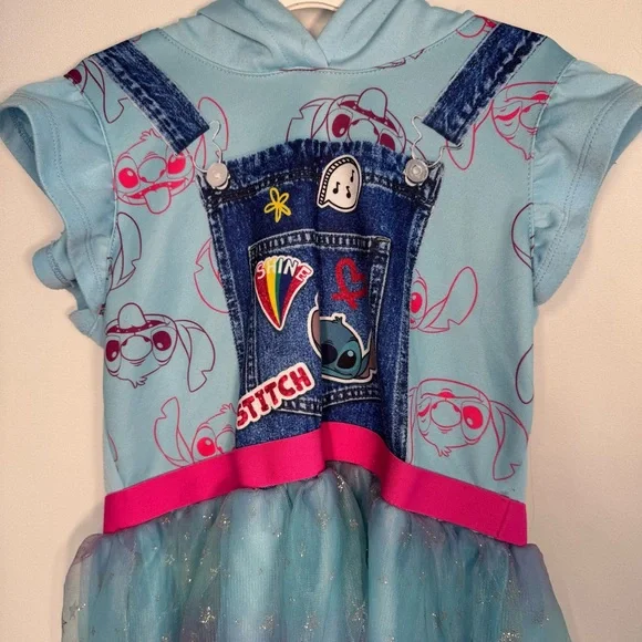 💜3/$15 Disney Lilo & Stitch Girls Tulle Tutu Dress Hoodie Blue Purple Patches L - Picture 3 of 11